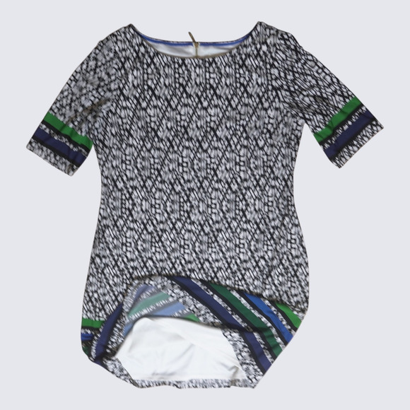 Eliza J Shift Dress Sz 14 Eclectic Print with Striped Trim Gold Zip Short Sleeve - Picture 7 of 16